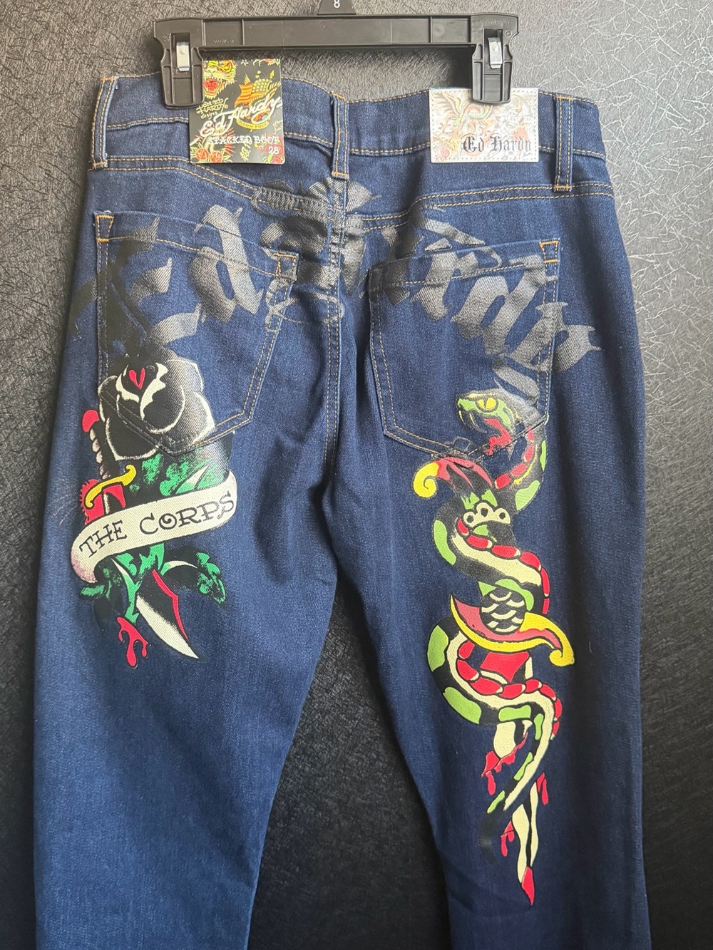 Ed Hardy Dark Blue Jeans with Colorful Snake & Rose Graphics